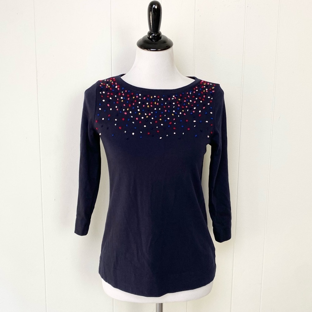 Talbots 3/4 sleeves multicolor embellish mini pom pom top‎ Navy Blue Sz Petite P
